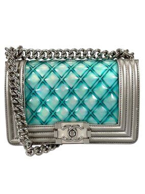 Chanel Boy Enamel Leather Lambskin Silver Light Blue Shoulder Bag